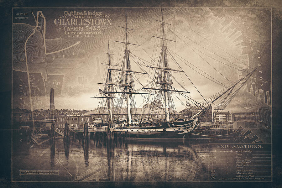 USS Constitution Boston With Charlestown Map Vintage Sepia Photograph by Carol Japp