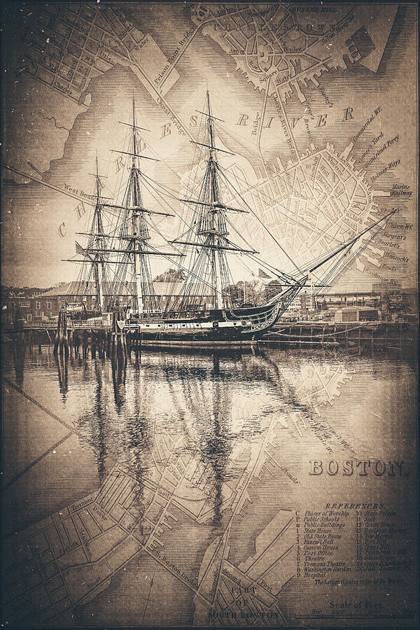 USS Constitution Navy Yard Boston With Vintage Map Nostalgic Sepia Photograph by Carol Japp USS Constitution Navy Yard Boston With Vintage Map Nostalgic Sepia Photograph by Carol Japp