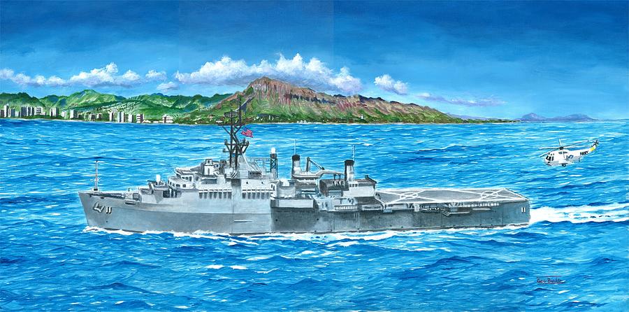 USS Coronado AGF-11 US Third Fleet Flagship off Oahu Painting by George Bieda