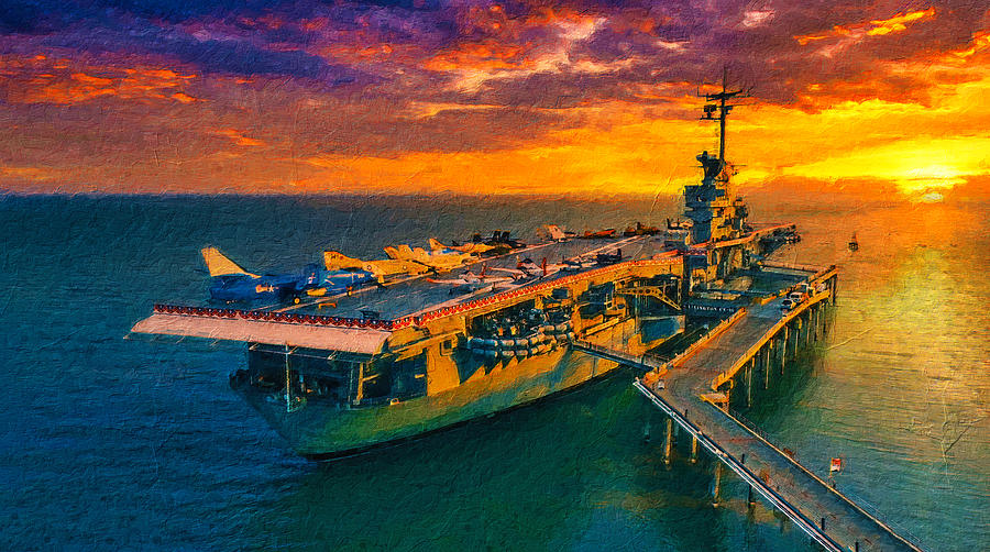 USS Lexington Museum near Corpus Christi at sunset - digital painting Digital Art by Nicko Prints