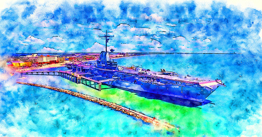 USS Lexington Museum near Corpus Christi - pen and watercolor Digital Art by Nicko Prints