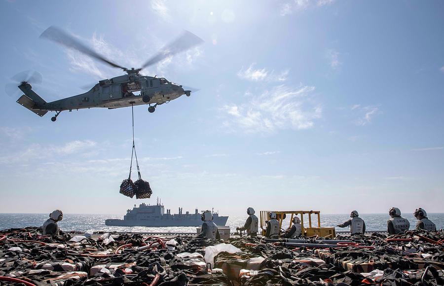 USS Makin Island LHD 8 conducts a replenishment with USNS Wally Schirra  Painting by MotionAge Designs