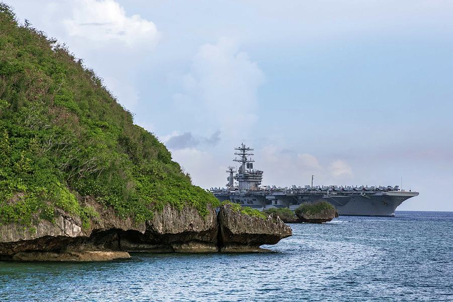 USS Nimitz  CVN 68 enters Apra Harbor, Guam. Painting by MotionAge Designs