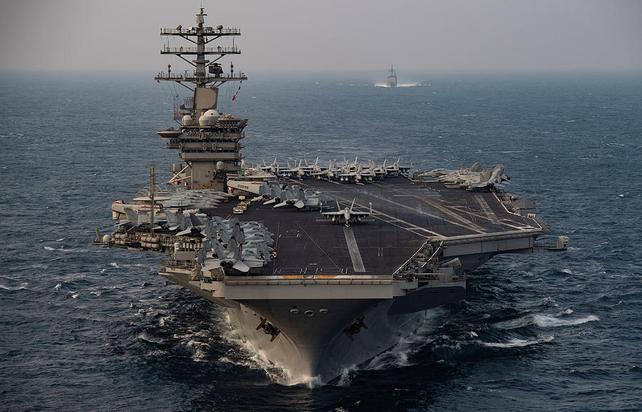 USS Nimitz CVN 68 steams ahead of USS Princeton  during Malabar 2020. Painting by MotionAge Designs