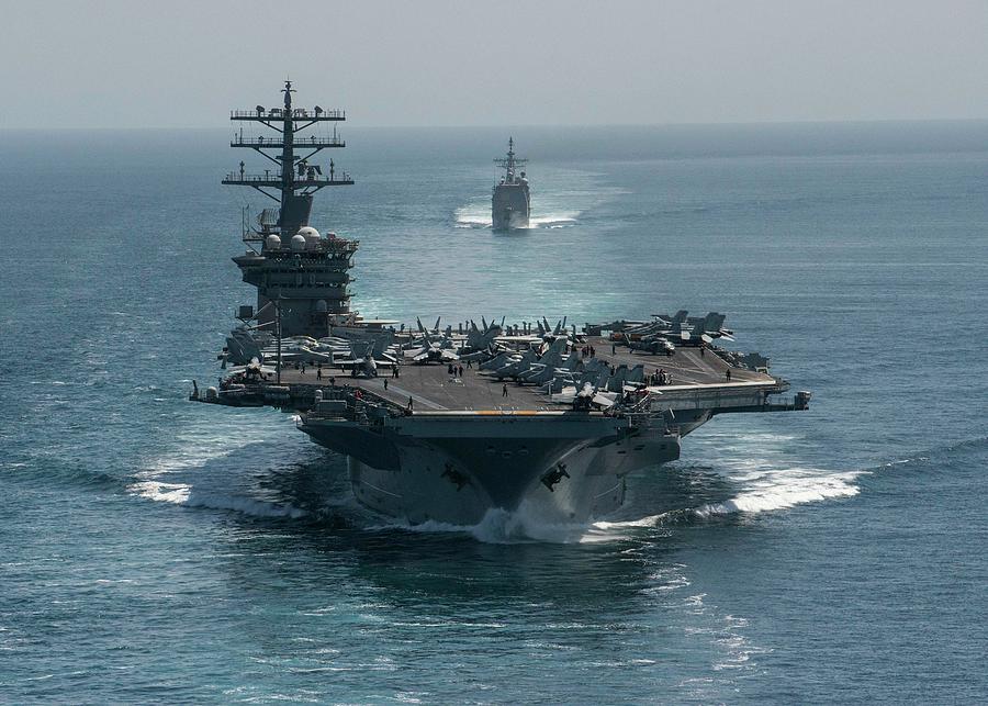 USS Nimitz CVN 68and USS Philippine Sea  steam in formation during a Strait of Hormuz transit, Sept. 18, 2020. Painting by MotionAge Designs
