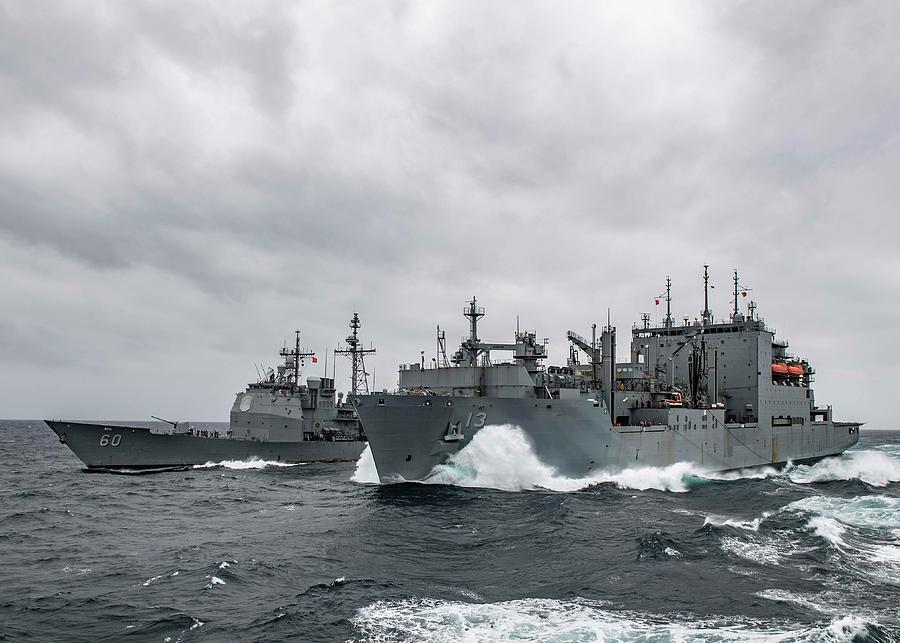 USS Normandy CG 60, left, and USNS Medgar Evers  conduct a replenishment Painting by MotionAge Designs