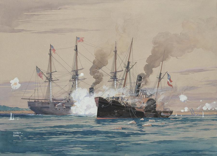 Sunset Drawing - USS Pensacola and the CSS Governor Moore by Worden Wood American