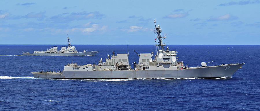 USS Preble DDG 88 and USS are underway together in the Pacific Ocean, June 5, 2020.  Painting by MotionAge Designs