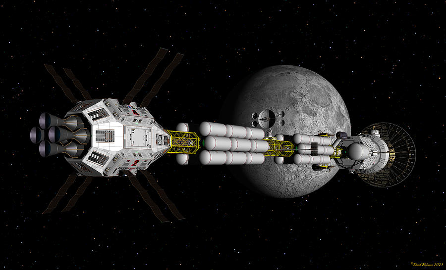 USS Savannah passing moon in route to Jupiter Digital Art by David Robinson