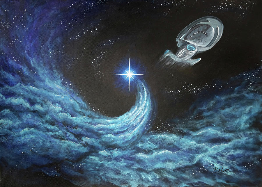 Space Painting - USS Voyager - Star Trek Art, Painting of a Spaceship Flying from a Nebula by Aneta Soukalova