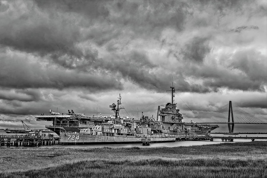 USS Yorktown and Ravenel Bridge BW Photograph by Susan Candelario