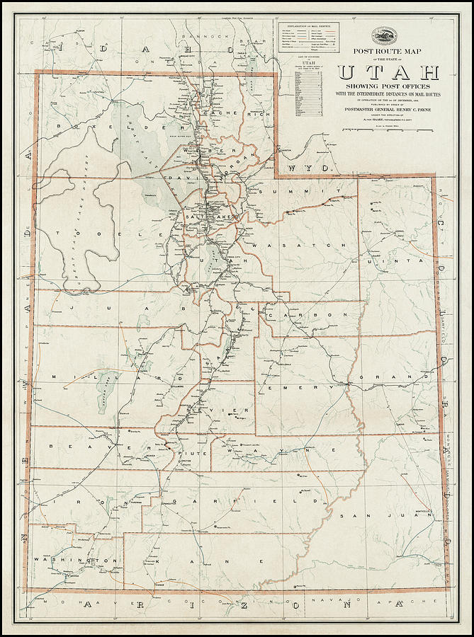 Utah Map Photograph - Utah Vintage Post Route Map 1903 by Carol Japp