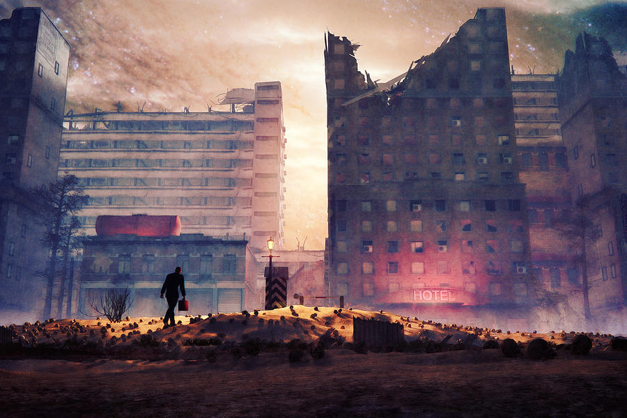 Utopian businessman walking to the job, destruction, apocalypse Photograph by Matjaz Slanic