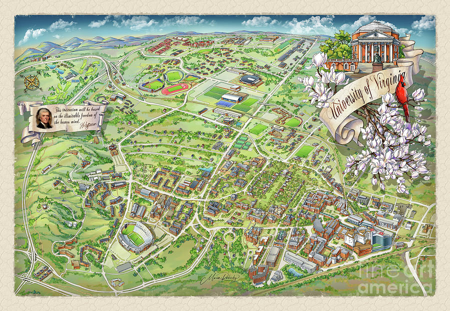 UVA Campus Grounds Map Illustration Painting by Maria Rabinky