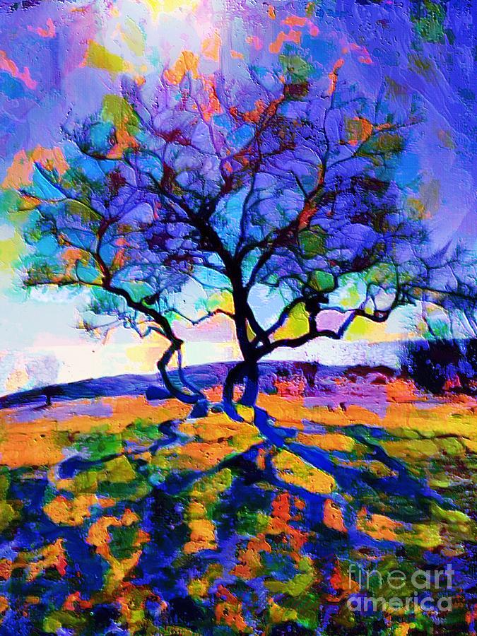 V - Solitary Tree on Shoreline in Blue and Orange in Afternoon Sun - Vertical Painting by Lyn Voytershark