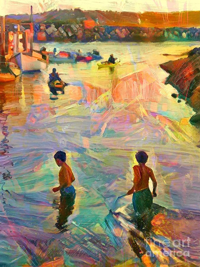 V Boys Fishing with Nets in Menemsha - Vertical Painting by Lyn Voytershark