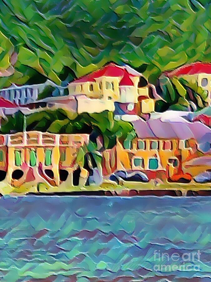 V - Christiansted St. Croix Waterfront View in Bold Chunky Textures - Vertical Painting by Lyn Voytershark