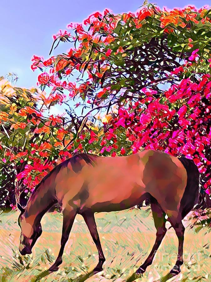 V - Grazing Horse with Colorful Blooming Flamboyant and Bougainvillea - Vertical Painting by Lyn Voytershark