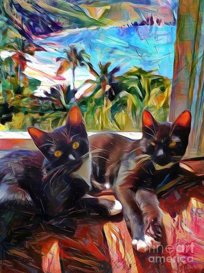 V - Lounging Cat Duo in Tropical Sunshine with Water View of Caribbean Sea - Vertical Painting by Lyn Voytershark