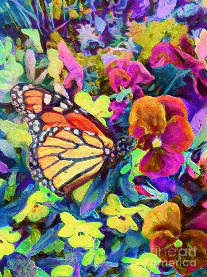 V - Monarch Butterfly with Mahogany Pansies and Yellow Flowers - Vertical Painting by Lyn Voytershark