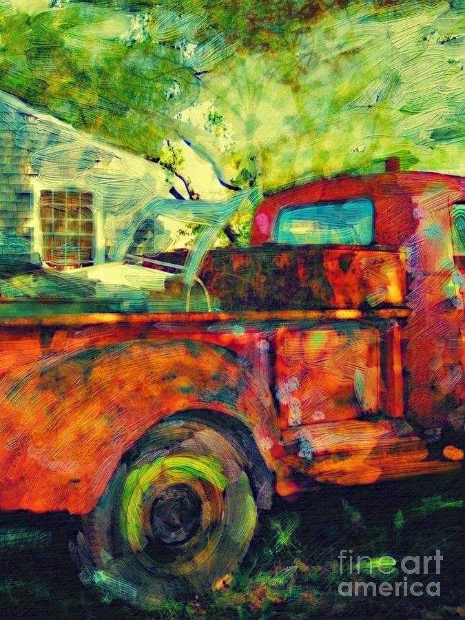 V Red Truck in Dappled Shade - Vertical Painting by Lyn Voytershark
