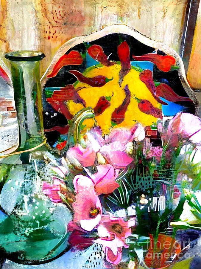 V - Still Life with Pink Cyclamen Flowers and Hot Pepper Decorated Plate - Vertical Painting by Lyn Voytershark