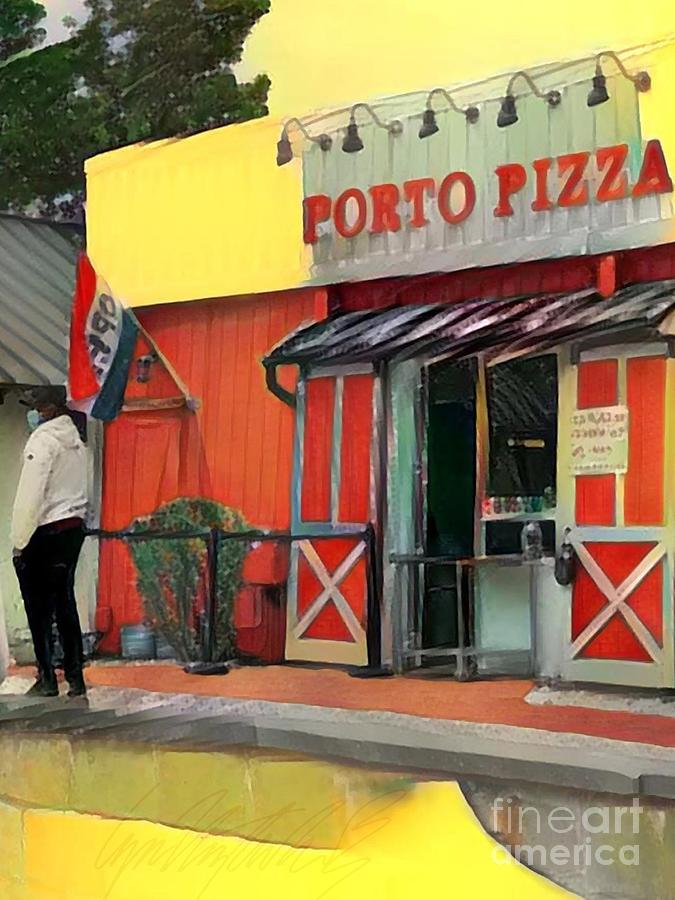 V Yellow Porto Pizza Take Out Near MV Ferry - Vertical Painting by Lyn Voytershark