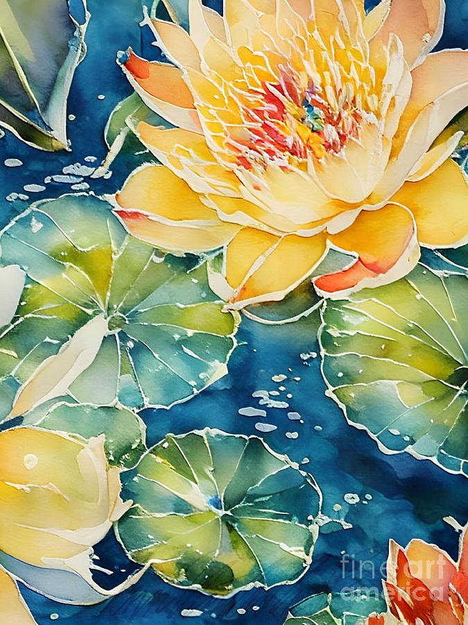  V - Yellow Water Lily Flowers in Batik Style on Green and Blue Backdrop - Vertical Painting by Lyn Voytershark