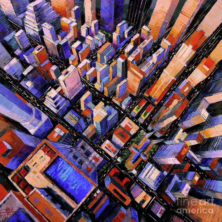 NEW YORK MANHATTAN AERIAL VIEW commissioned palette knife oil painting Painting by Mona Edulesco