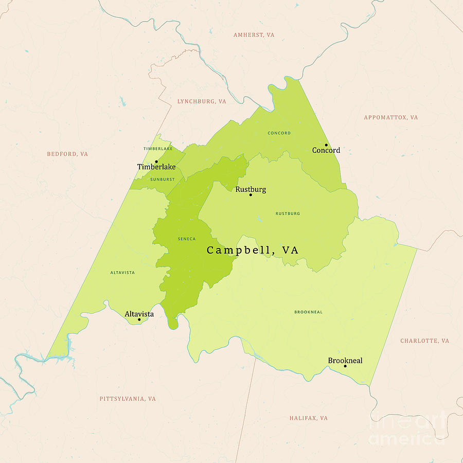 VA Campbell County Vector Map Green Digital Art by Frank Ramspott ...