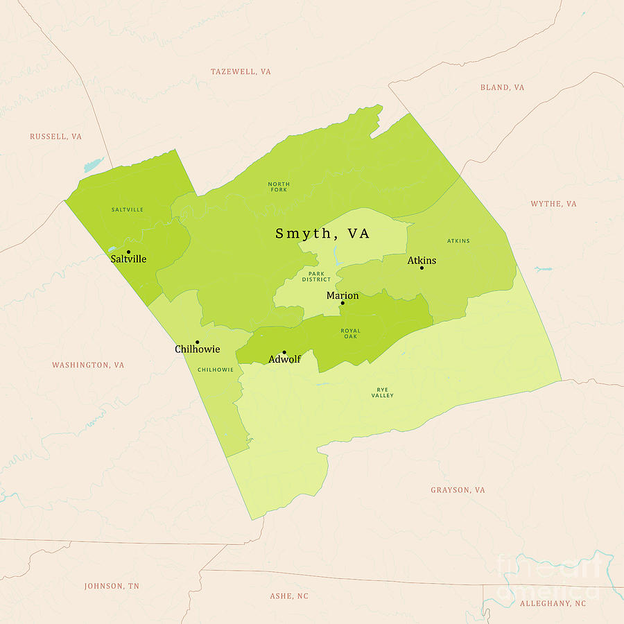 VA Smyth County Vector Map Green Digital Art by Frank Ramspott - Pixels