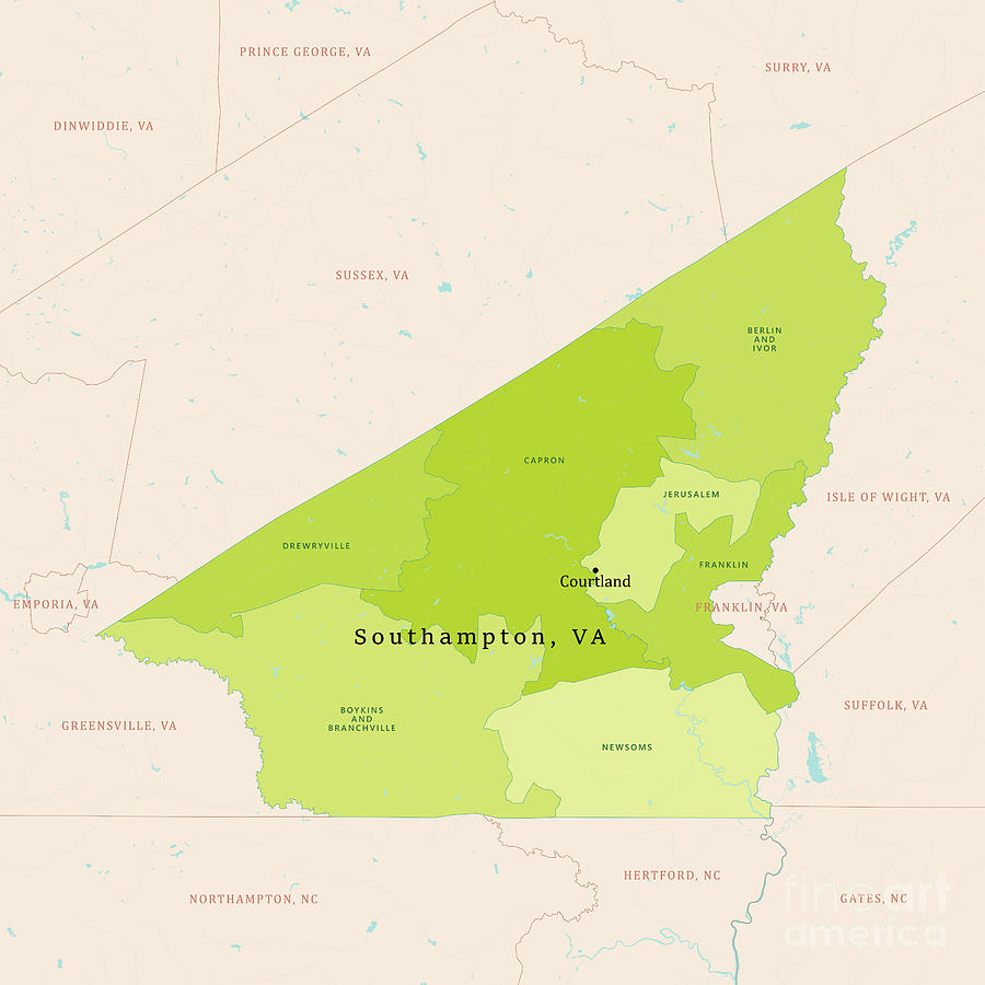 VA Southampton County Vector Map Green Digital Art by Frank Ramspott ...