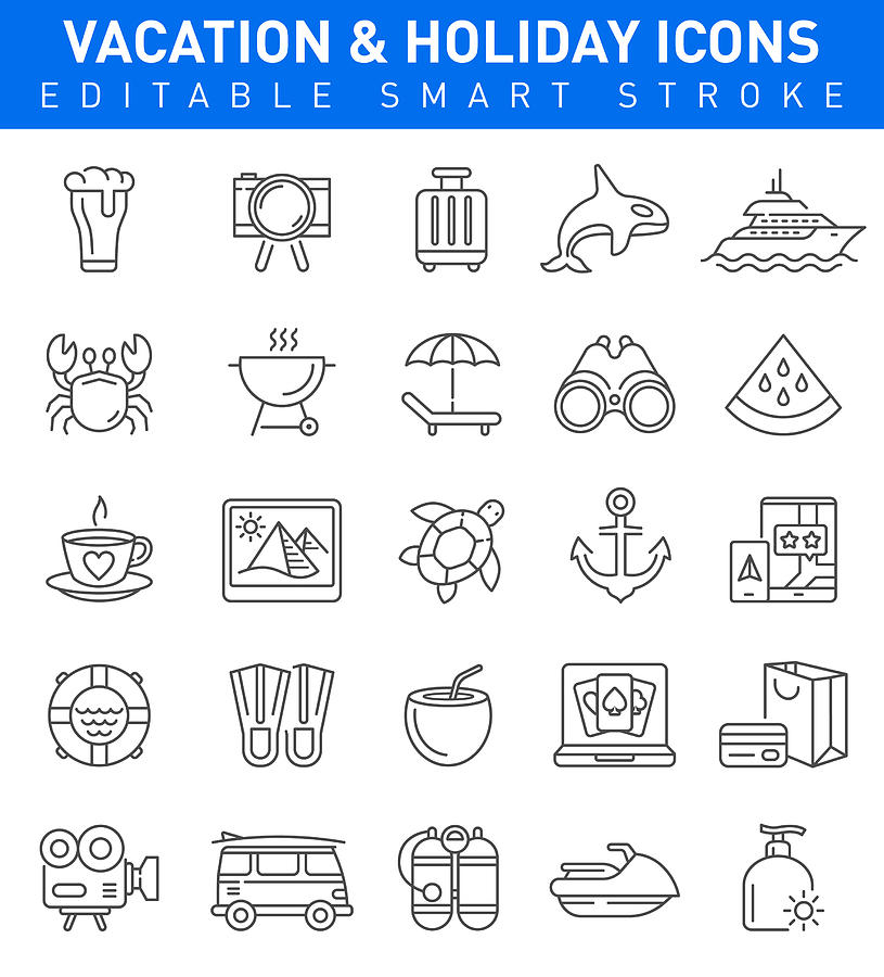 Vacation and Summer Holidays Icons. Editable stroke Drawing by Bergserg