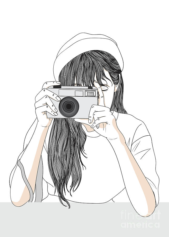Vacation Girl Taking A Photo - Minimalist Black And White Line Art ...