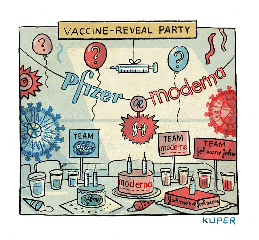 Vaccine Reveal Party Drawing by Peter Kuper