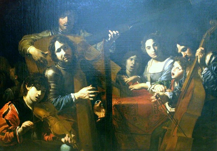 Valentin De Boulogne - Concert A Sept Personnages Et Un Buveur Painting 