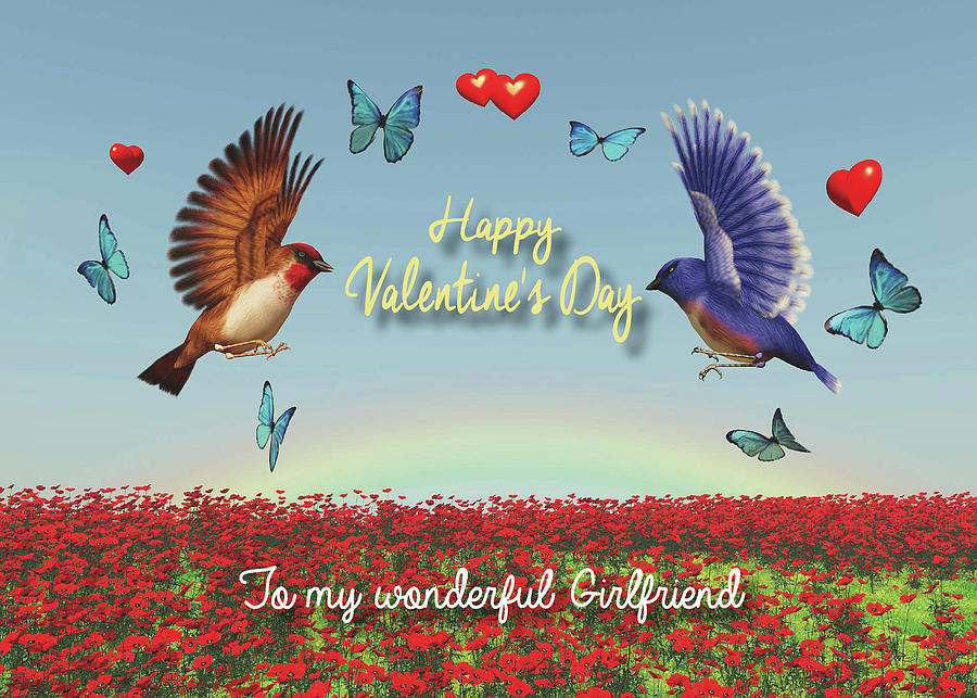 Valentine Birds Hearts Poppies and Rainbow for Girlfriend Digital Art by Jan Keteleer
