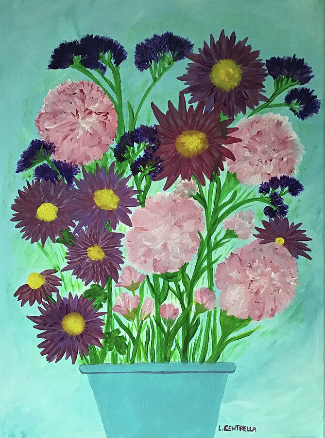 Valentine Flowers In Teal Painting by Lorraine Centrella
