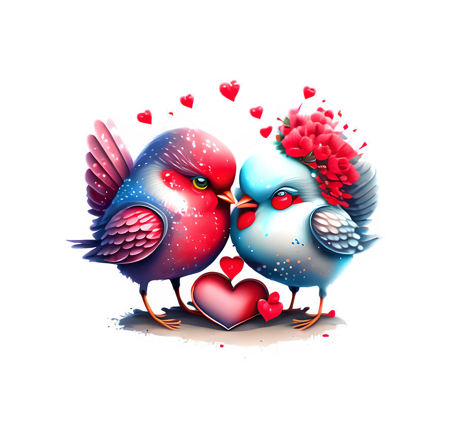 Valentine Kissing Birds  Digital Art by Amalia Suruceanu
