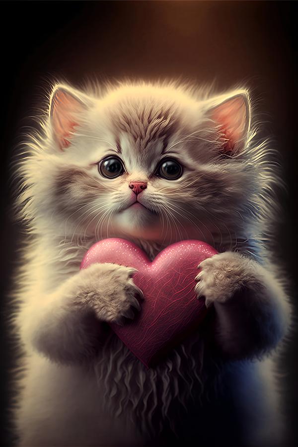 Valentine kitten with a heart 0 Mixed Media by Lilia S