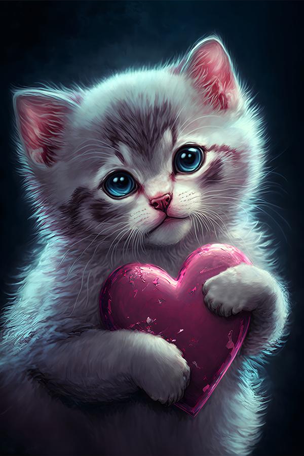 Valentine kitten with a heart Mixed Media by Lilia S