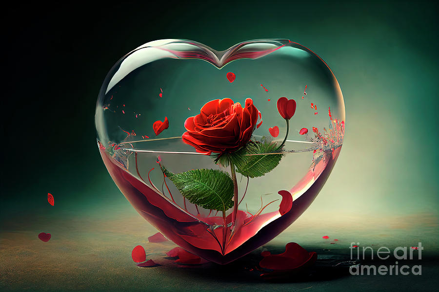 Valentines Day Digital Art - Valentine red rose in heart of glass. Valentines day concept ar by Jelena Jovanovic