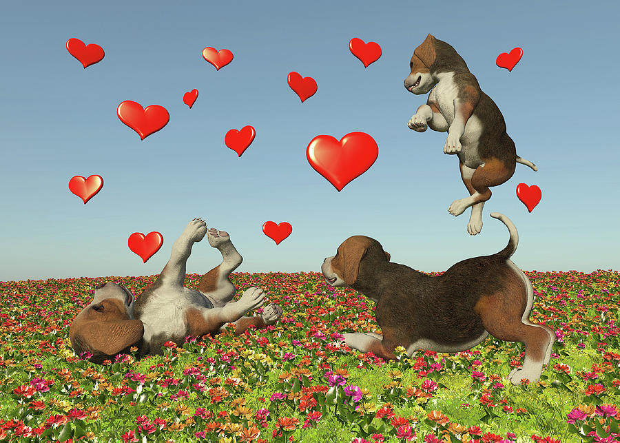 Valentine with puppy dogs and hearts Digital Art by Jan Keteleer