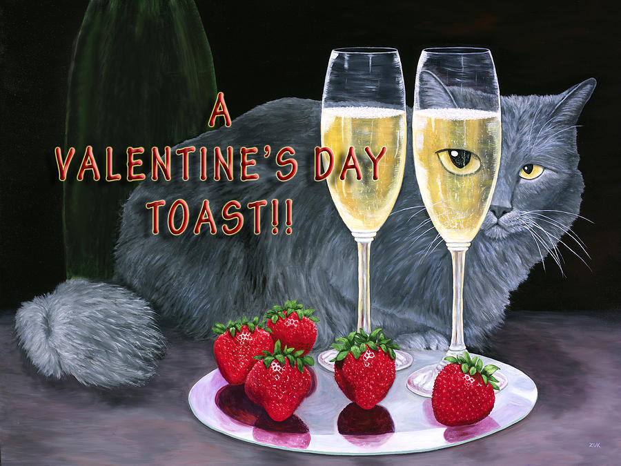 Valentines Cat Champagne Toast Painting by Karen Zuk Rosenblatt