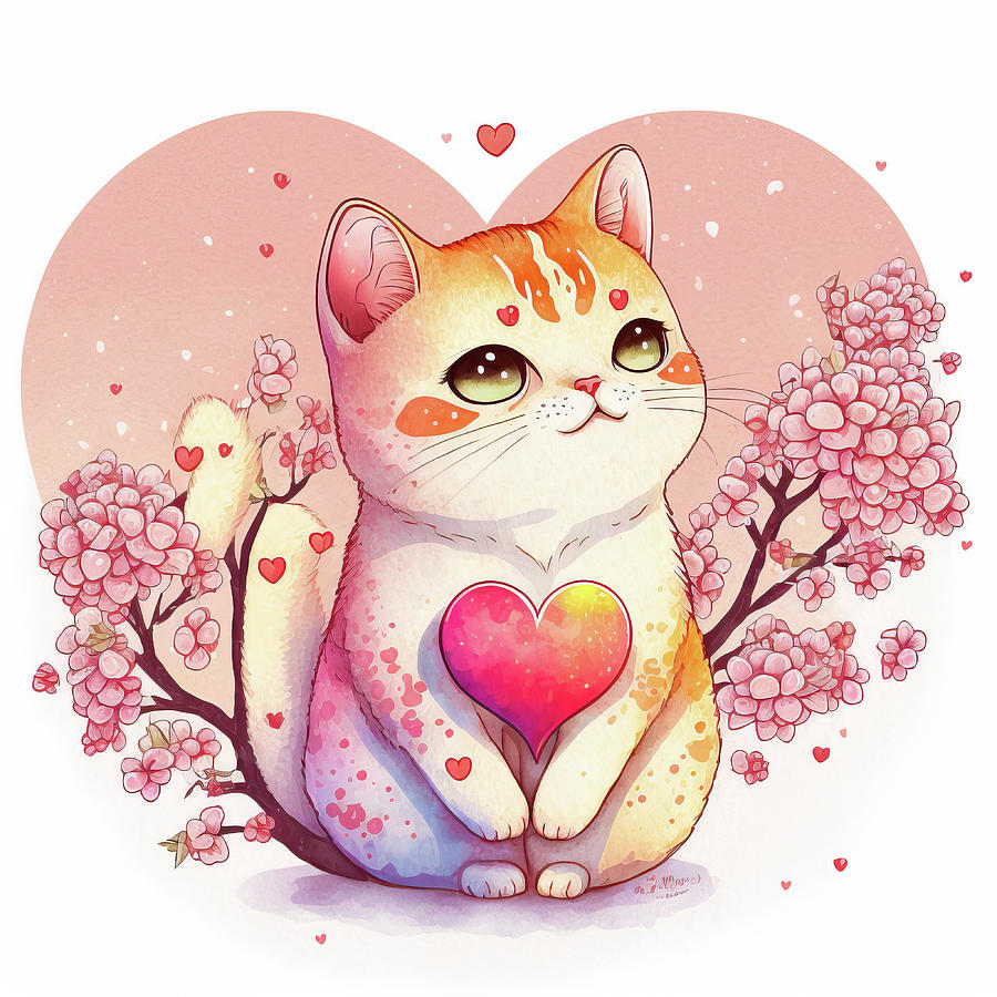 Valentines Day Art Greetings 09 Lovely Kawaii Cat Digital Art by Matthias Hauser