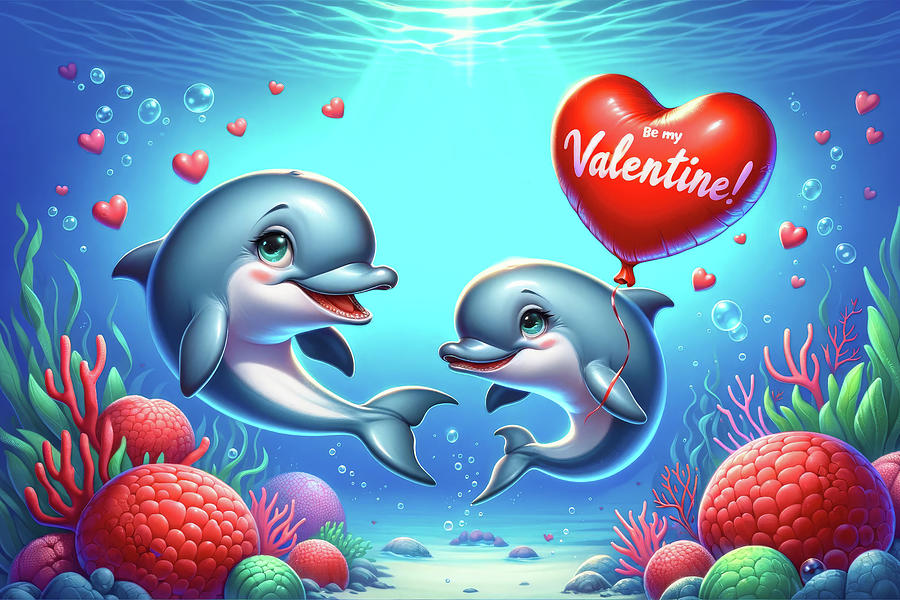 Valentines Day Love Greetings 01 Cute Dolphins Digital Art by Matthias Hauser