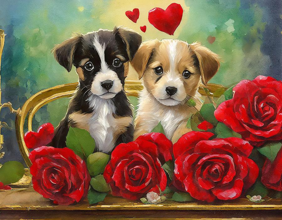 Valentines Day Puppies Mixed Media by Susan Rydberg