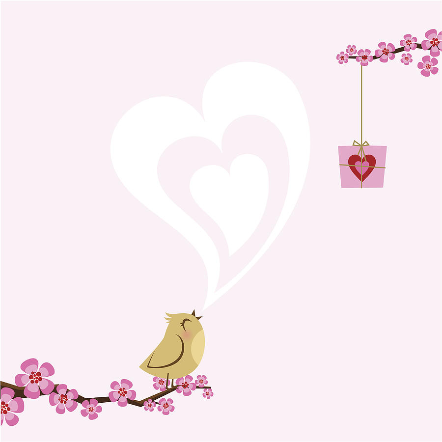 Valentine´s love bird. spring sakura Drawing by Myillo