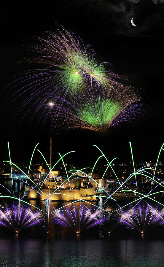 Valletta Fireworks in Grand Harbour - Night photo Photograph by Stephan Grixti