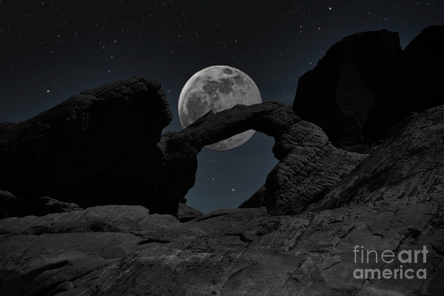 Valley of Fire Arch Moon Black White Media mix  Photograph by Chuck Kuhn